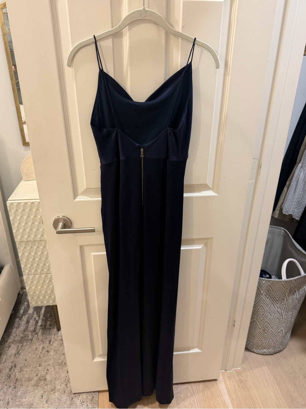 Alice & Olivia Navy Satin Cowl Neck Slip Dress with Side Ruched Slit - Picture 3 of 4